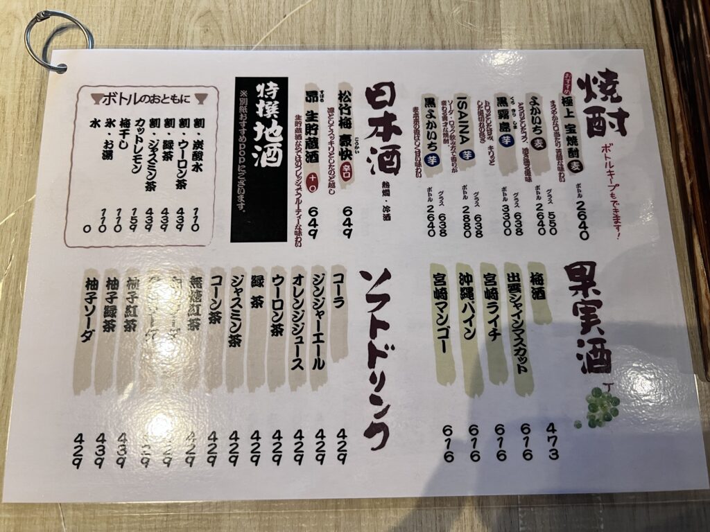 まるがまる飲み物メニュー裏