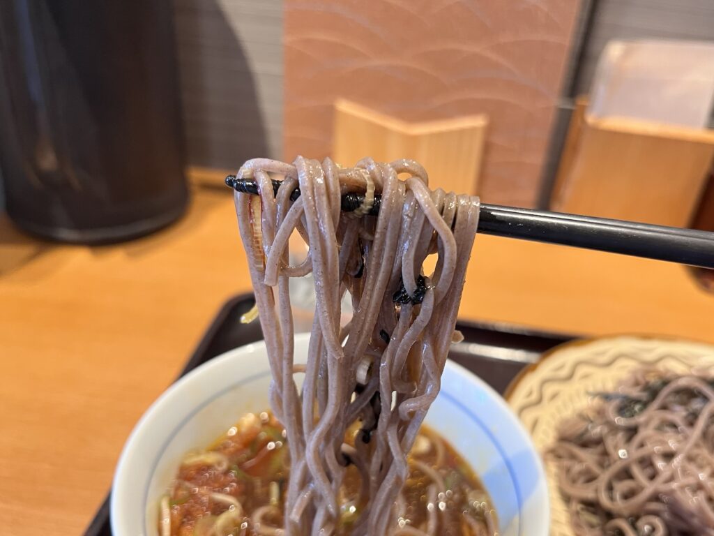 つけ蕎麦安土つけ汁をくぐらせた蕎麦リフトアップ