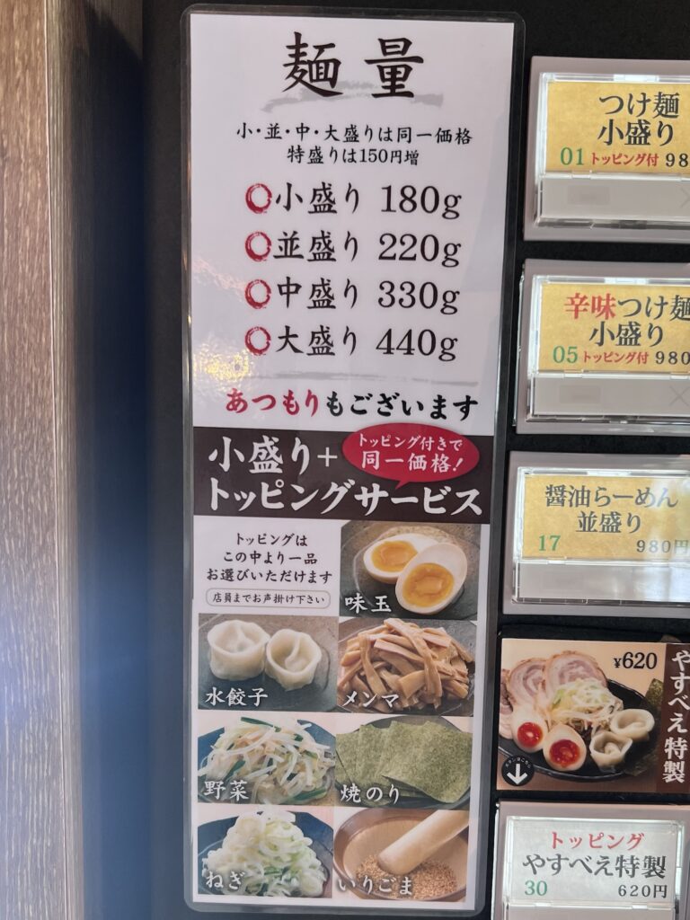 やすべえ麺量案内ポップ