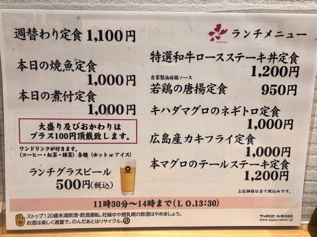 さくらの庭卓上ランチメニューおもて