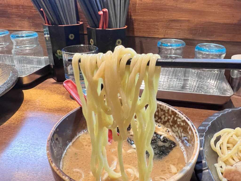 つけ麺屋ひまわりスープつけた麺リフトアップ
