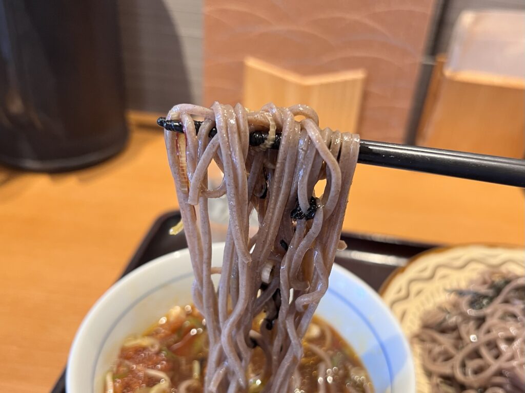 つけ蕎麦安土つけ汁をくぐらせた蕎麦リフトアップ